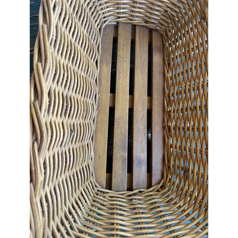 Vintage Wicker Storage Basket Wood Slat Bottom Chunky Handles Indonesia 18x11x7
